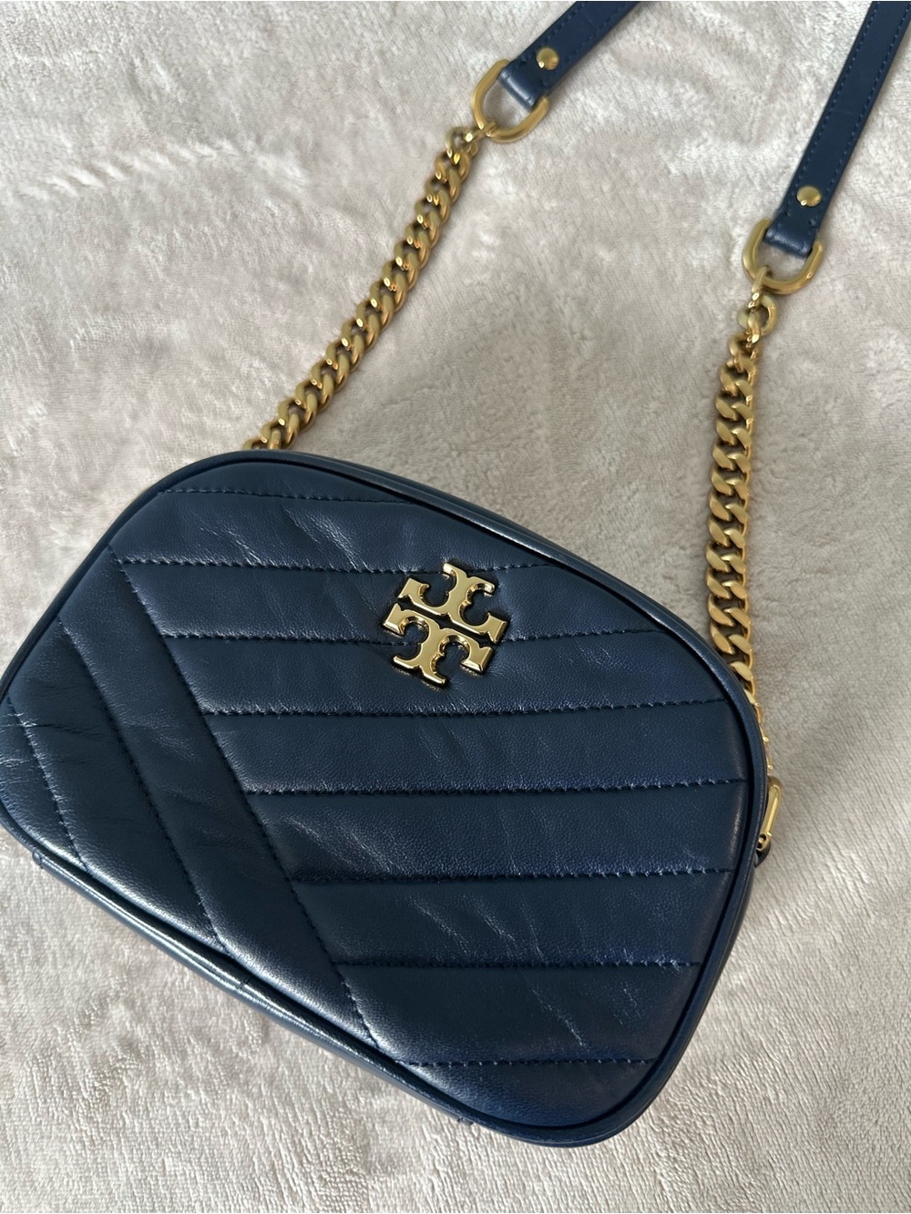 Tory Burch Navy Quilted Leather Crossbody with Gold Chaim.
